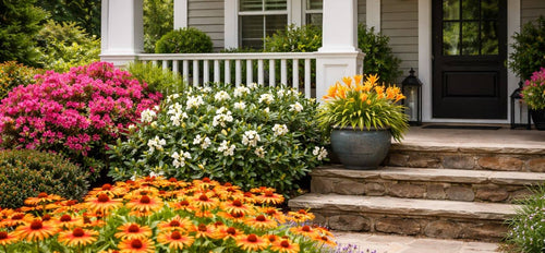 Blooming southern floral garden with colorfual flowers in front of a house with a white porch.