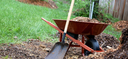 Red wheelbarrow filled with mulch next to a shovel on a grassy area