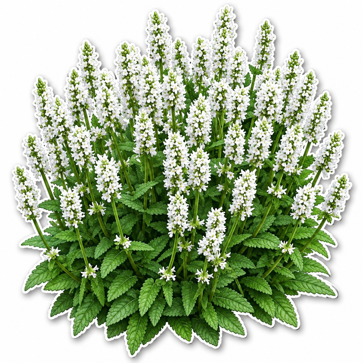 A cluster of white flowers with green leaves, shaped like a small bush or plant, isolated on a plain white background with a die-cut outline. -