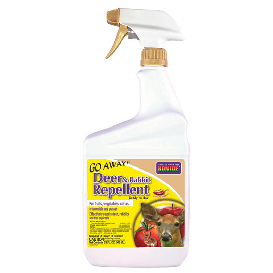 Bonide® Go Away! Deer & Rabbit Repellent Ready to Use, in a white spray bottle, uses capsaicin to protect fruits, vegetables, citrus, and ornamentals from deer and rabbits. The label features images of a deer and tomatoes - Photo Courtesy of Bonide®