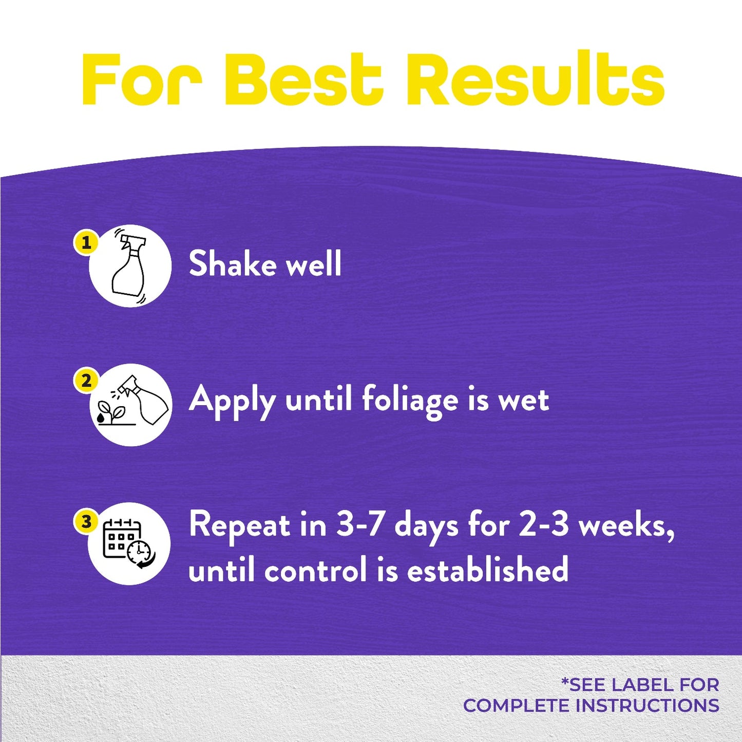 Instructional graphic titled For Best Results shows three steps for Bonide® Go Away! Deer & Rabbit Repellent Ready to Use: 1. Shake well, 2. Spray until foliage is wet, 3. Reapply every 3–7 days for 2–3 weeks. Icons illustrate each step - Photo Courtesy of Bonide®