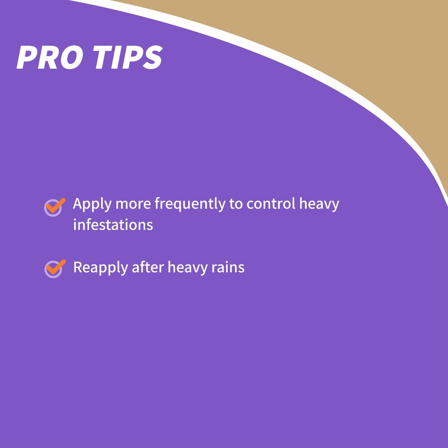 Purple and tan graphic titled Pro Tips with two tips marked by checkmarks: For organic caterpillar control, use Captain Jack's® Bt Bacillus Thuringiensis Ready to Use more often during heavy infestations and after heavy rains - Photo Courtesy of Captain Jacks®