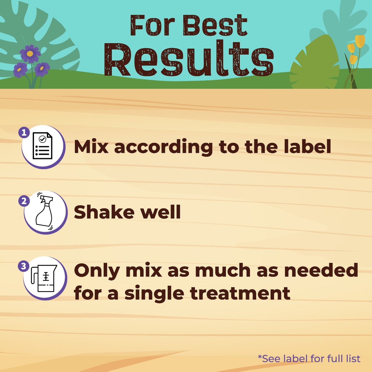 Instructional graphic for organic gardening with Captain Jack’s® DeadBug Brew® Ready to Spray: 1. Mix per label, 2. Shake well, 3. Only mix what you need for insect control. Background shows plants, grass, and a wooden surface - Photo Courtesy of Captain Jacks®