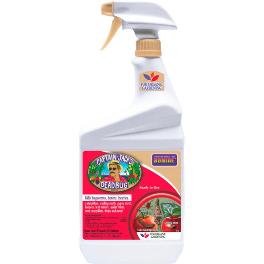 A white spray bottle of Captain Jack’s® DeadBug Brew® Ready to Use organic insecticide, with a red label, Spinosad as the active ingredient, and an image of a captain - Photo Courtesy of Captain Jacks®