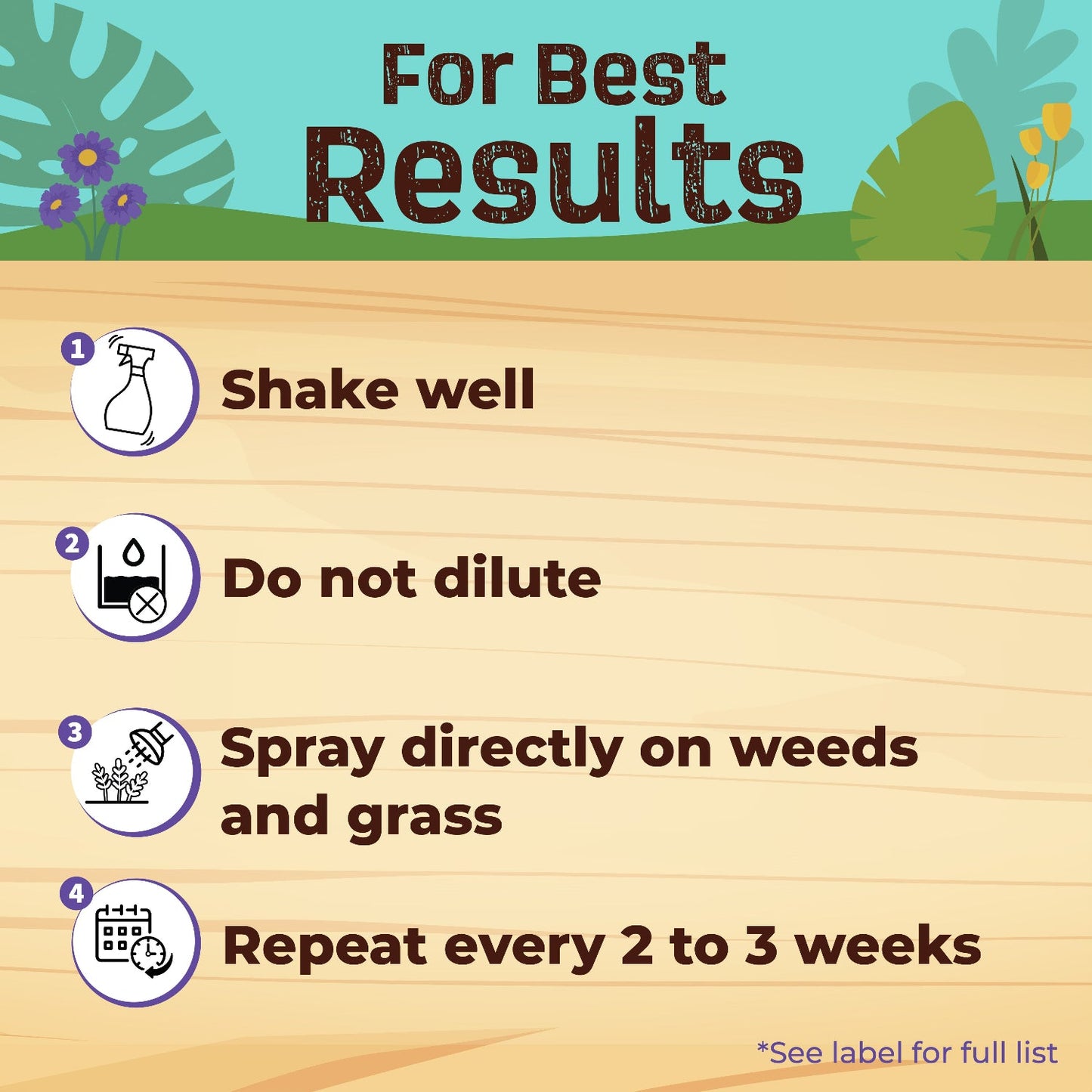 Instruction graphic titled For Best Results with four steps: 1) Shake well, 2) Do not dilute, 3) Spray Captain Jack’s® Deadweed Brew Ready to Use directly on weeds and grass, 4) Repeat every 2–3 weeks. Icons illustrate each step.