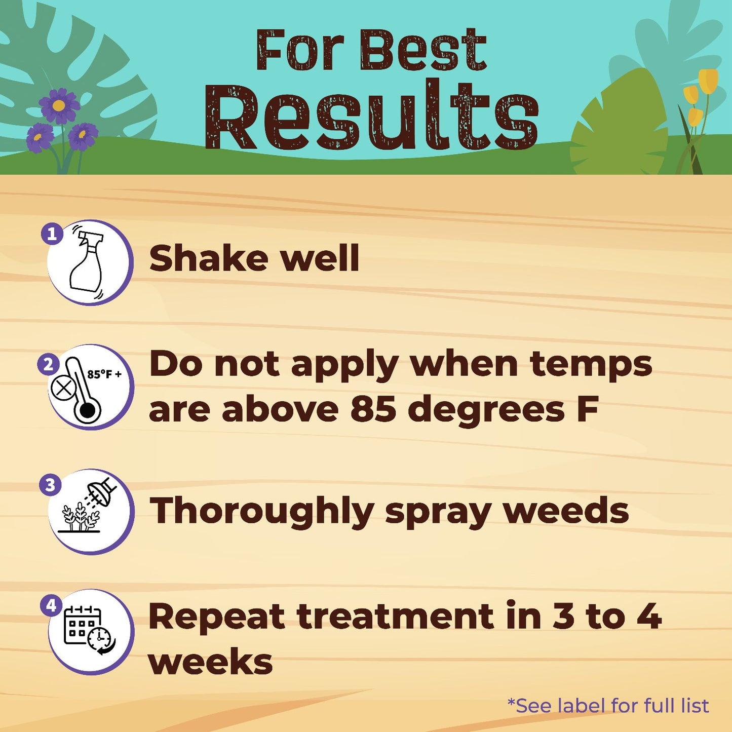 Captain Jack’s® Lawnweed Brew Ready to Spray: Shake well, avoid use above 85°F, spray weeds thoroughly, repeat in 3–4 weeks; broadleaf weed control tips shown with plants on a wooden background - Photo Courtesy of Captain Jacks®