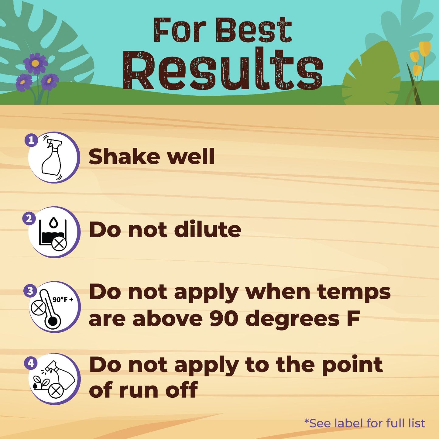 Instructional graphic for Captain Jack's® Tomato & Vegetable 3-in-1 Ready to Use: 1. Shake well (spray bottle), 2. Do not dilute (crossed dropper), 3. Avoid above 90°F (thermometer), 4. Don’t spray to runoff (watering can). - Photo Courtesy of Captain Jacks®