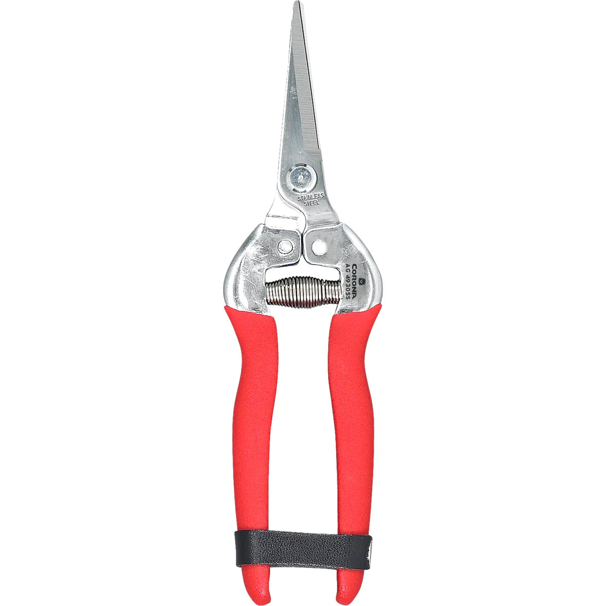 Corona® Long Straight Snips feature red handles, durable tempered steel blades, a metal spring mechanism, and a sharp pointed blade, shown against a white background - Photo Courtesy of Corona®