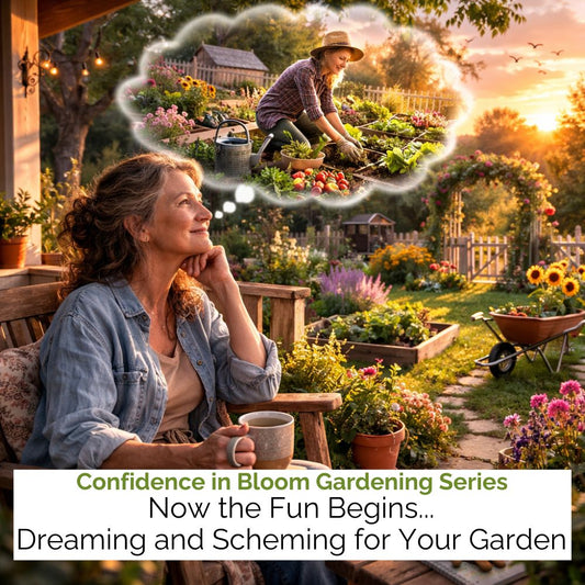 Woman sitting in a garden with a thought bubble showing gardening activities, surrounded by plants and a sunset. - -