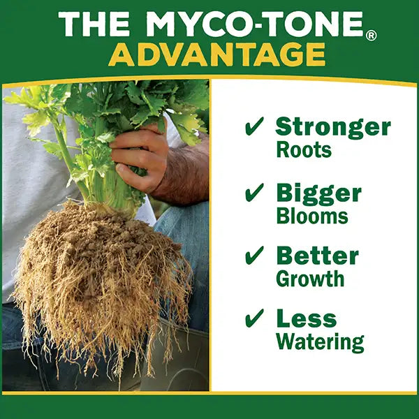 A person holds up a large plant with extensive roots. Text reads: Espoma® Organic® Cactus Mix with mycorrhizae: Stronger Roots, Bigger Blooms, Better Growth, Less Watering - Photo Courtesy of Espoma®