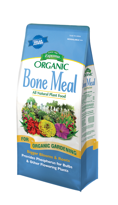 A blue and white Espoma® Organic® Bone Meal bag features colorful flowers and text highlighting phosphorus benefits for bulbs and flowering plants, bigger blooms, stronger roots, and suitability for organic gardening - Photo Courtesy of Espoma®