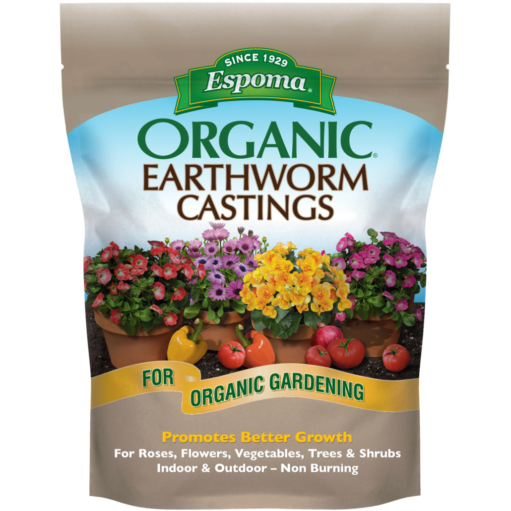 A bag of Espoma® Organic® Earthworm Castings, with vibrant flowers and tomatoes on the front, is an organic fertilizer and soil conditioner ideal for organic gardening and promoting healthy plant growth - Photo Courtesy of Espoma®