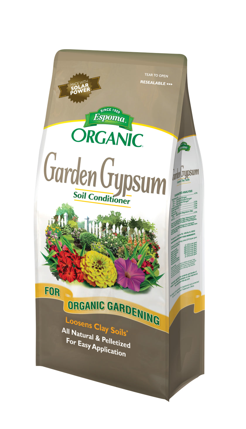 A resealable bag of Espoma® Organic® Garden Gypsum, labeled for organic gardening, features colorful flowers and claims to help loosen clay soil with all-natural ingredients - Photo Courtesy of Espoma®