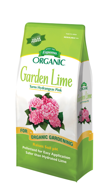 A bag of Espoma® Organic® Garden Lime with pink hydrangea flowers on the front highlights its dolomite limestone for adjusting soil pH, easy application, and suitability for organic gardening - Photo Courtesy of Espoma®