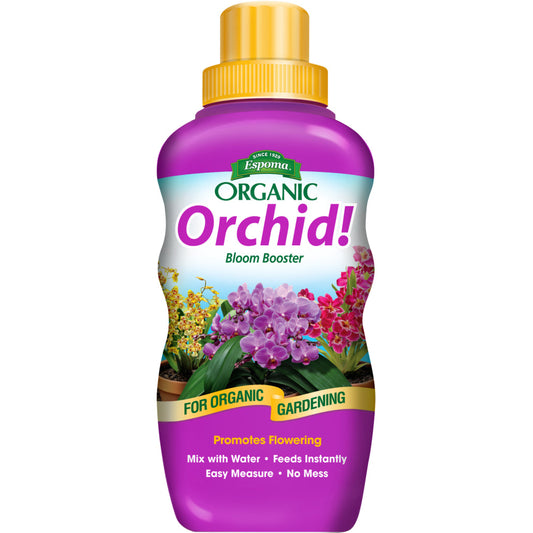A purple bottle of Espoma® Organic® Orchid! Bloom Booster, featuring blooming orchids and text promoting it as an organic fertilizer for healthy orchid gardening and vibrant blooms - Photo Courtesy of Espoma®