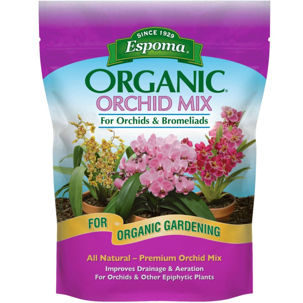 A vibrant bag of Espoma® Organic® Orchid Potting Mix, shown with orchids and bromeliads, highlights its all-natural formula for organic gardening and emphasizes improved drainage and aeration - Photo Courtesy of Espoma®