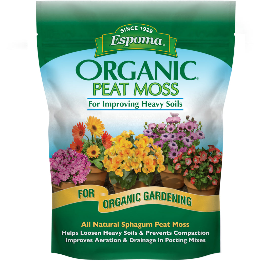 A bag of Espoma® Organic® Peat Moss, shown with potted flowers, is labeled as a soil amendment for organic gardening, highlighting benefits like loosening heavy soils and improving drainage - Photo Courtesy of Espoma®