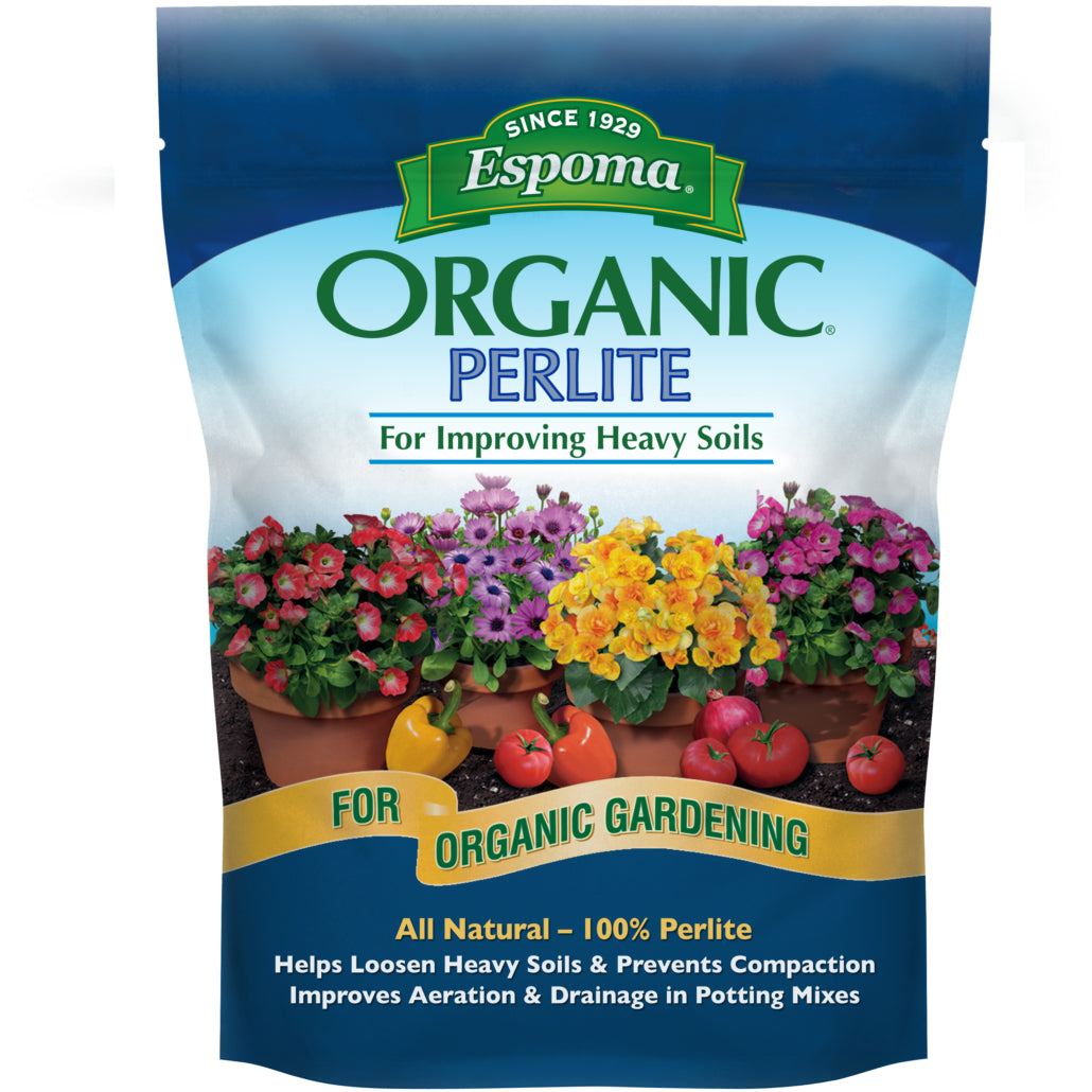 A bag of Espoma® Organic® Perlite with vibrant flowers and vegetables on the label, emphasizing it's all-natural, made of 100% perlite, and enhances soil aeration for thriving organic gardens - Photo Courtesy of Espoma®