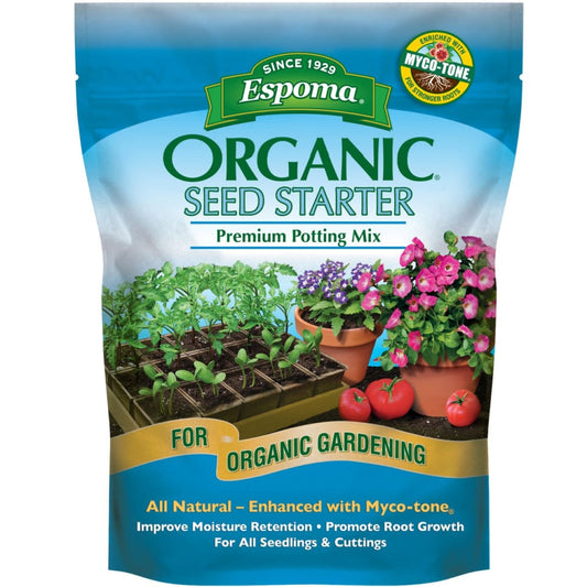 A bag of Espoma® Organic® Seed Starter Potting Mix, shown with seedlings and tomatoes, highlights organic ingredients for moisture retention, healthy root growth, mycorrhizae support, and enhanced gardening with Myco-tone - Photo Courtesy of Espoma®