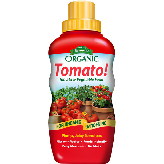 A bottle of Espoma® Organic® Tomato! & Vegetable Food, with images of tomatoes and vegetables, labeled as organic tomato fertilizer that encourages plump, juicy tomatoes - Photo Courtesy of Espoma®