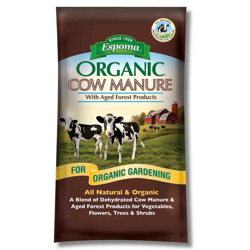 A brown bag of Espoma® Organic® Cow Manure, featuring two cows on grass, is an all-natural, nutrient-rich compost ideal for organic gardening with vegetables, flowers, trees, and shrubs - Photo Courtesy of Espoma®