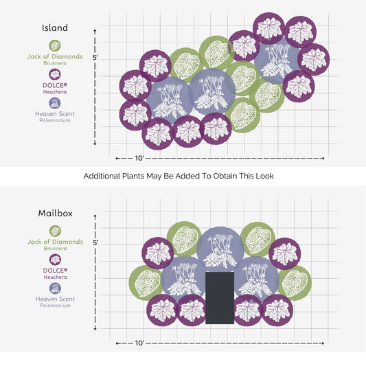 Garden design diagrams for “Island” and “Mailbox” layouts, each using the EZ Scapes™ Deer Proof the Shade #1 Garden Kit. Brunnera, Heuchera, and Polemonium are grouped in purple, green, and light blue circles on 5x10 grids - Photo Courtesy of Walters Gardens, Inc.