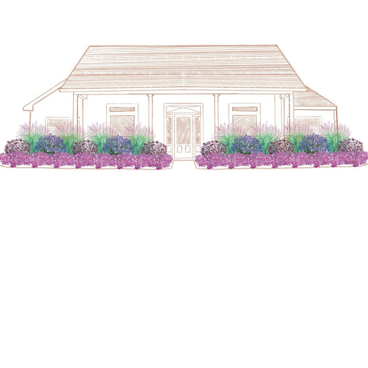 Illustration of a house with front porch and pitched roof, surrounded by landscaping created with the EZ Scapes™ Buzz & Bloom #2 Garden Kit, featuring purple and green flowering plants and shrubs along the front. - Photo Courtesy of Walters Gardens, Inc.