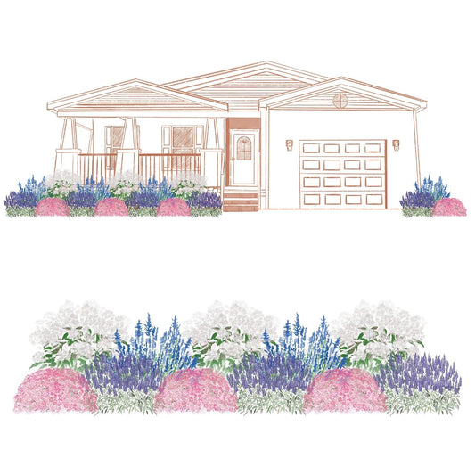A drawing features a single-story house with a porch and garage, shown with EZ Scapes™ Coastal Combination Garden Kit, displaying landscaped beds of white, pink, purple, and blue flowers. A closeup of the garden bed appears below - Photo Courtesy of Walters Gardens, Inc.