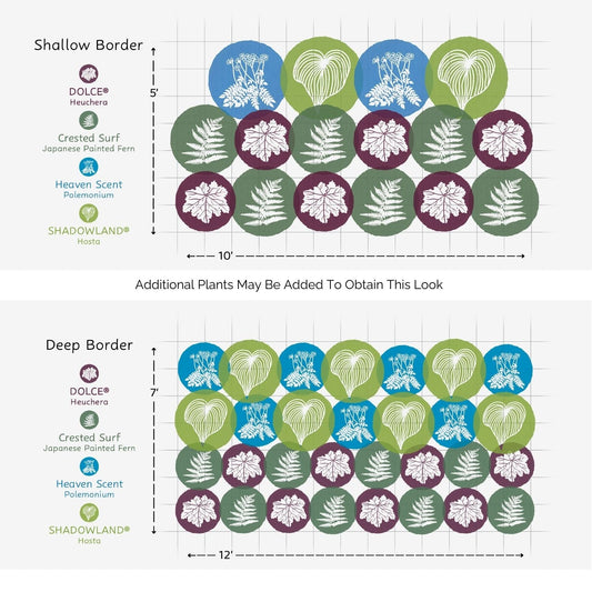 Diagram showing plant arrangements for two garden border designs—Shallow (5x10) and Deep (7x12)—using the EZ Scapes™ Made for the Shade #4 Garden Kit, featuring circular groupings of Heuchera, Japanese Painted Fern, Polemonium, and Hosta. - Photo Courtesy of Walters Gardens, Inc.