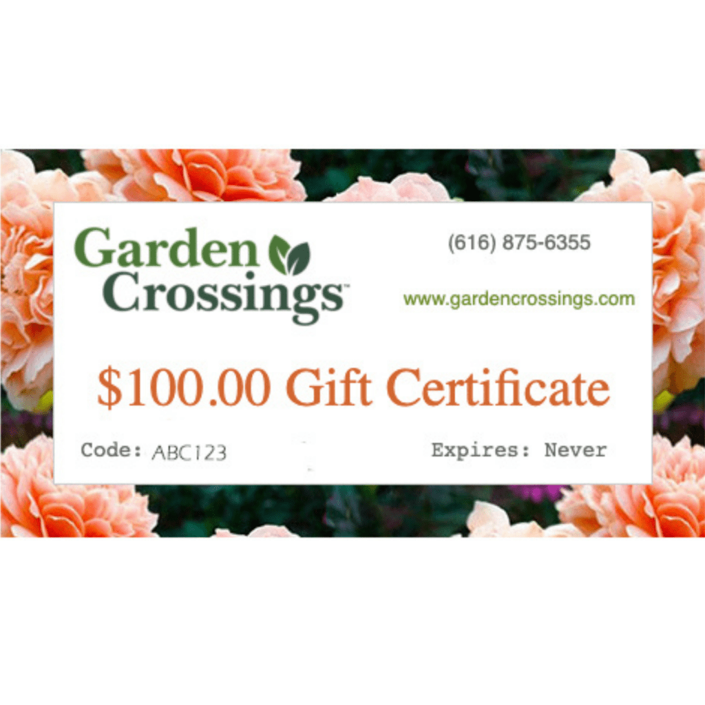 A $100 Online Gift Certificate—ideal for gardeners! Features vibrant orange flowers, includes contact info and code ABC123, never expires. Perfect for anyone who loves online gift certificates. - Photo Property of Garden Crossings LLC