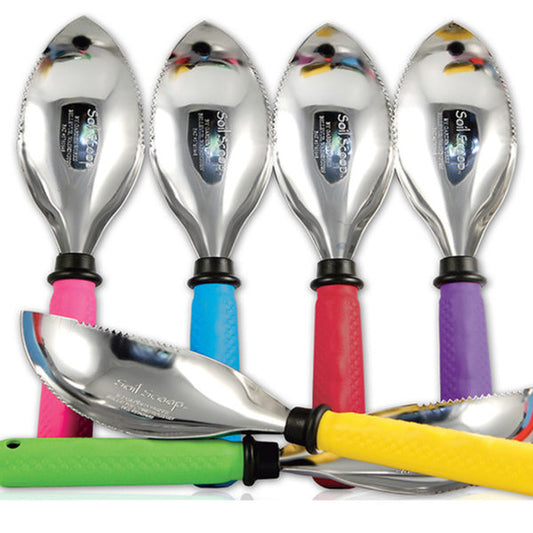 Five stainless steel garden tools with serrated edges, handles in pink, blue, green, red, and purple—plus a yellow-handled Garden Works® Soil Scoop displayed in front - Photo Courtesy of Garden Works®