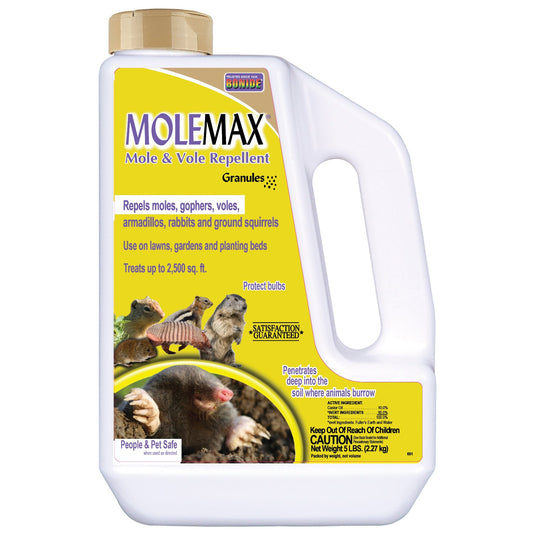 A container of Bonide® MoleMax® Mole & Vole Repellent Granules has a yellow and white label with images of a mole, vole, and squirrel, showcasing its castor oil formula for effective burrowing animal deterrence - Photo Courtesy of Bonide®