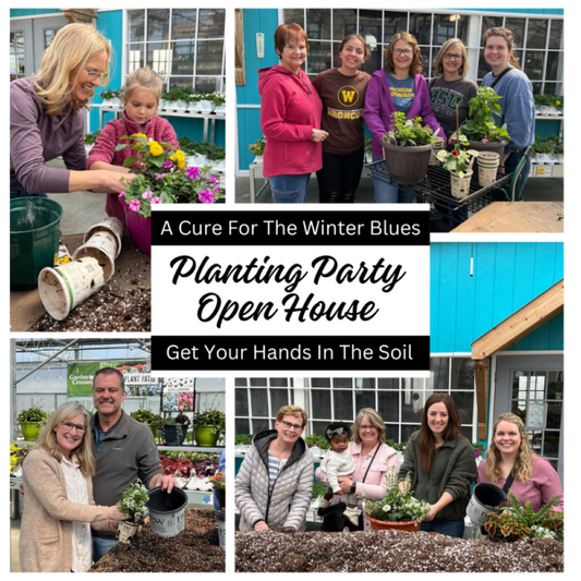 four photos of people planting flowers in containers around the text planting party open house - -