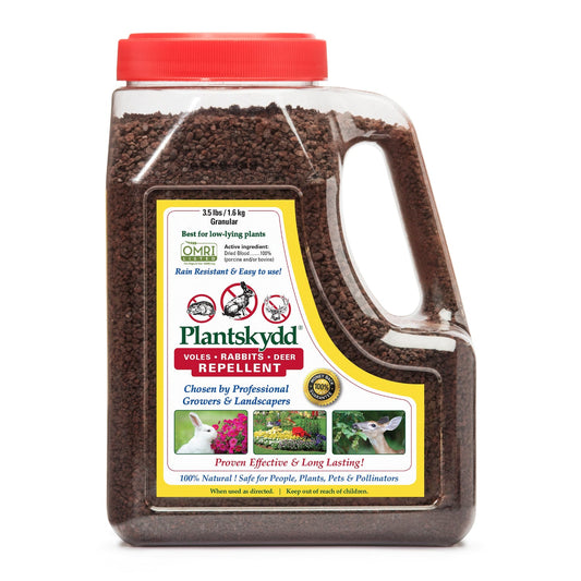 The Plantskydd Granular Shaker Jug is a clear plastic container with a red cap. The label highlights its effectiveness as a rain-resistant deer and rabbit repellent that's safe for pets and pollinators - Photo Courtesy of Plantskydd®