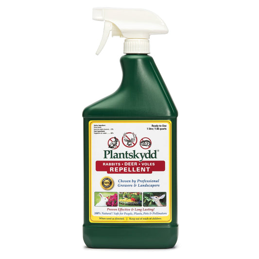 Plantskydd Ready to Use Spray in a green bottle with a white trigger nozzle. The label says it repels rabbits, deer, and voles, offering professional plant protection with long-lasting coverage and 100% natural ingredients - Photo Courtesy of Plantskydd®