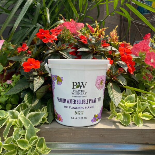 A white container of Premium Water Soluble Plant Food sits among vibrant red and pink flowers and green foliage outdoors on a sunny day - Photo Courtesy of Proven Winners, Inc.