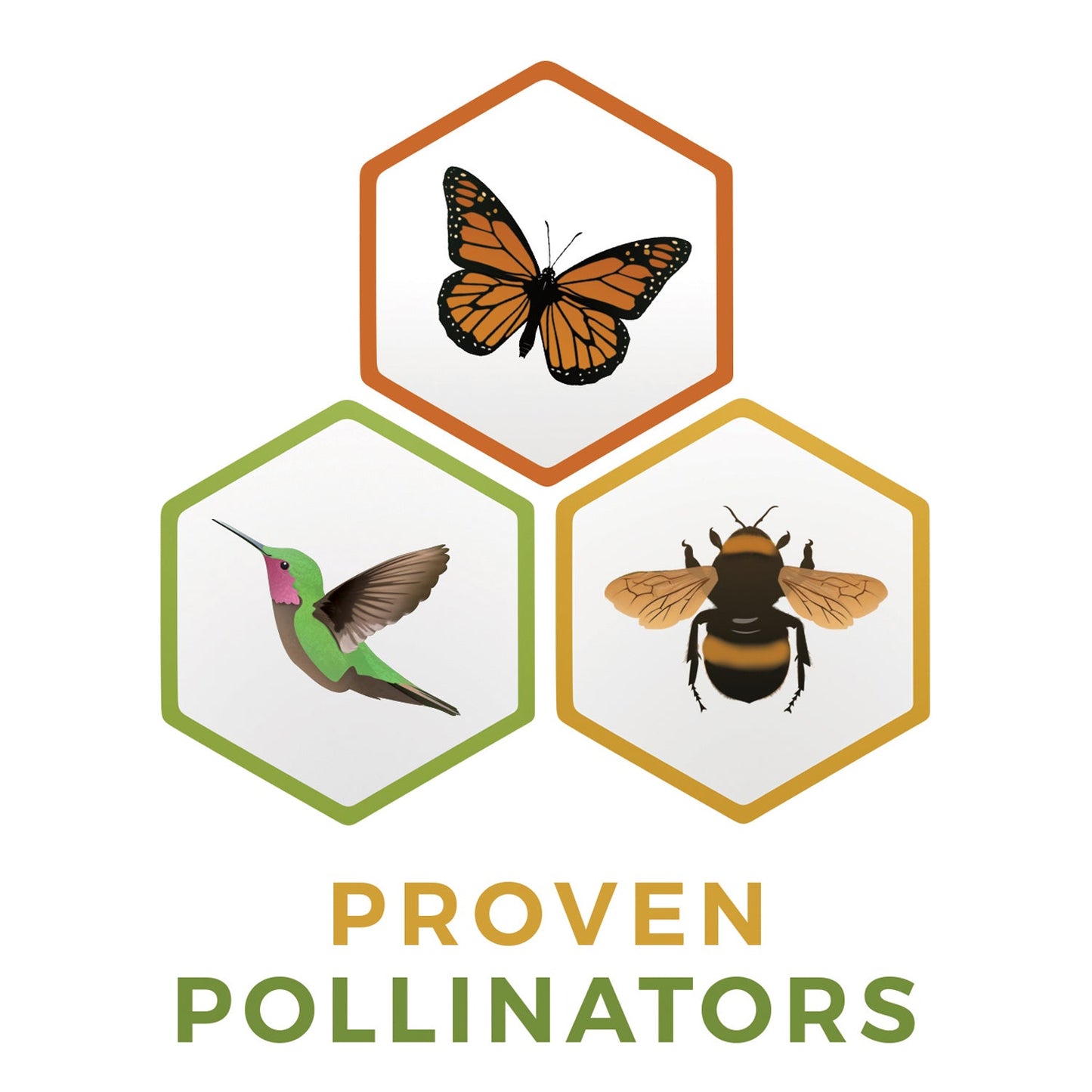 Three hexagons featuring a butterfly, hummingbird, and bee. Below, bold text reads Proven Pollinators - -
