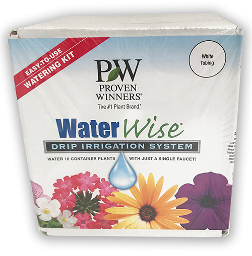 A box labeled WaterWise® Container Watering Kit features colorful flowers and a water droplet, highlighting that it is an easy-to-use, self-contained watering system with white tubing for containers - Photo Courtesy of Proven Winners