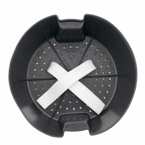 Weekender® Basket Replacement Wick Set with a round black basket bottom with small holes in it and two white strips - Photo Courtesy of Eckert's Greenhouse