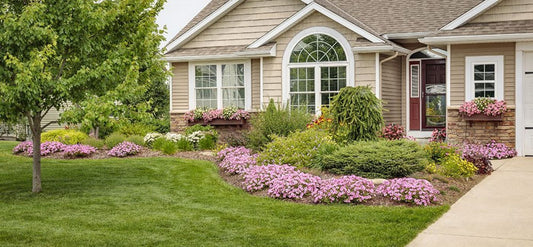 House with a well-maintained garden featuring pink flowers and green grass.