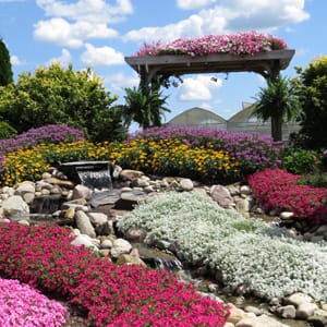 Stream runs in a rock bed in a garden with red flowers and one side and white on the other. A gazebo covered in blooms stands against a cloudy blue sky.