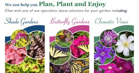 Infographic filled with different plants and text that says "we can help you plan, plant, and enjoy"