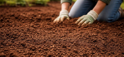 Person wearing gloves working with reddish clay soil on a sunny day