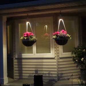 Two hanging baskets with pink flowers illuminated in the dark by lights on a front porch.