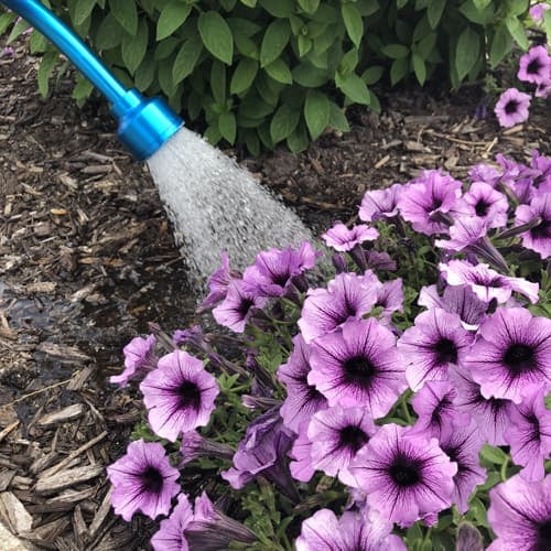 Purple flowers in a mulched bed being wattered by a blue nozzel