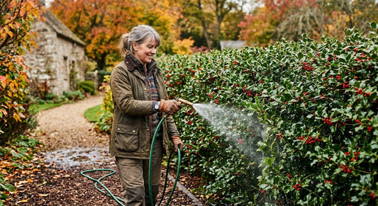 woman in a jacket watering holly bushes