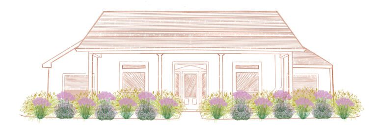 drawing of a home with flowers in front of it