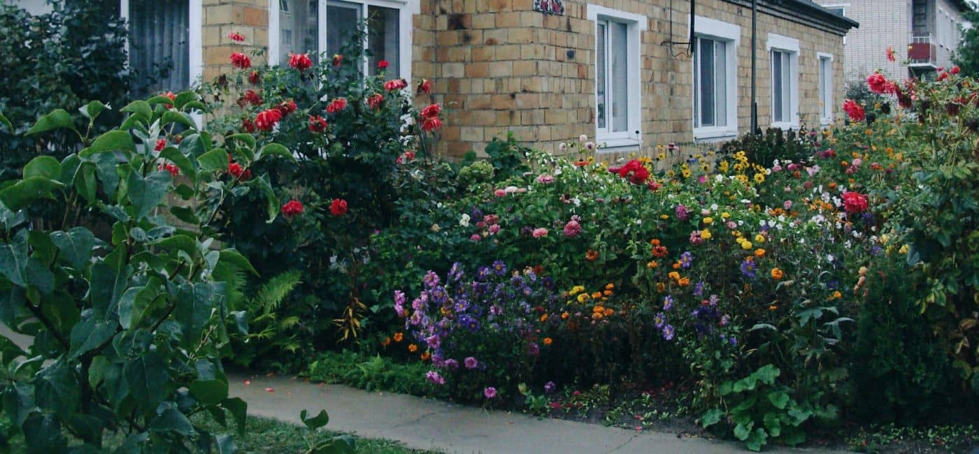 Floral garden in front of a brick house