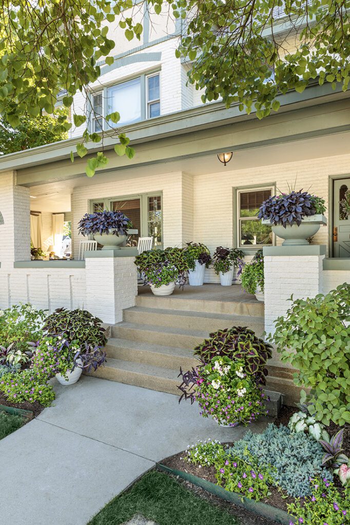 Front porch of a house with numerous container plantings