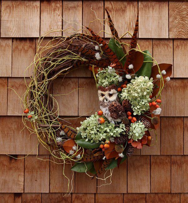 Rustic fall wreath with hydrangea bloom accents and a fake owl